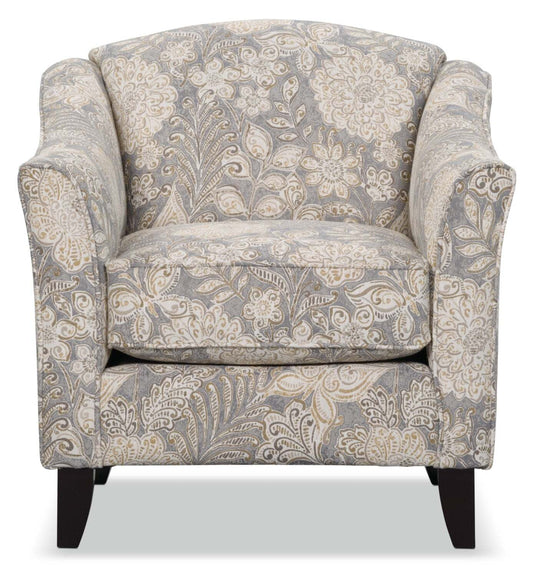Fauteuil d’appoint Wynn de 33 po fabriqué au Canada en tissu d’apparence lin avec accoudoirs évasés et pattes en bois - floral multicolore