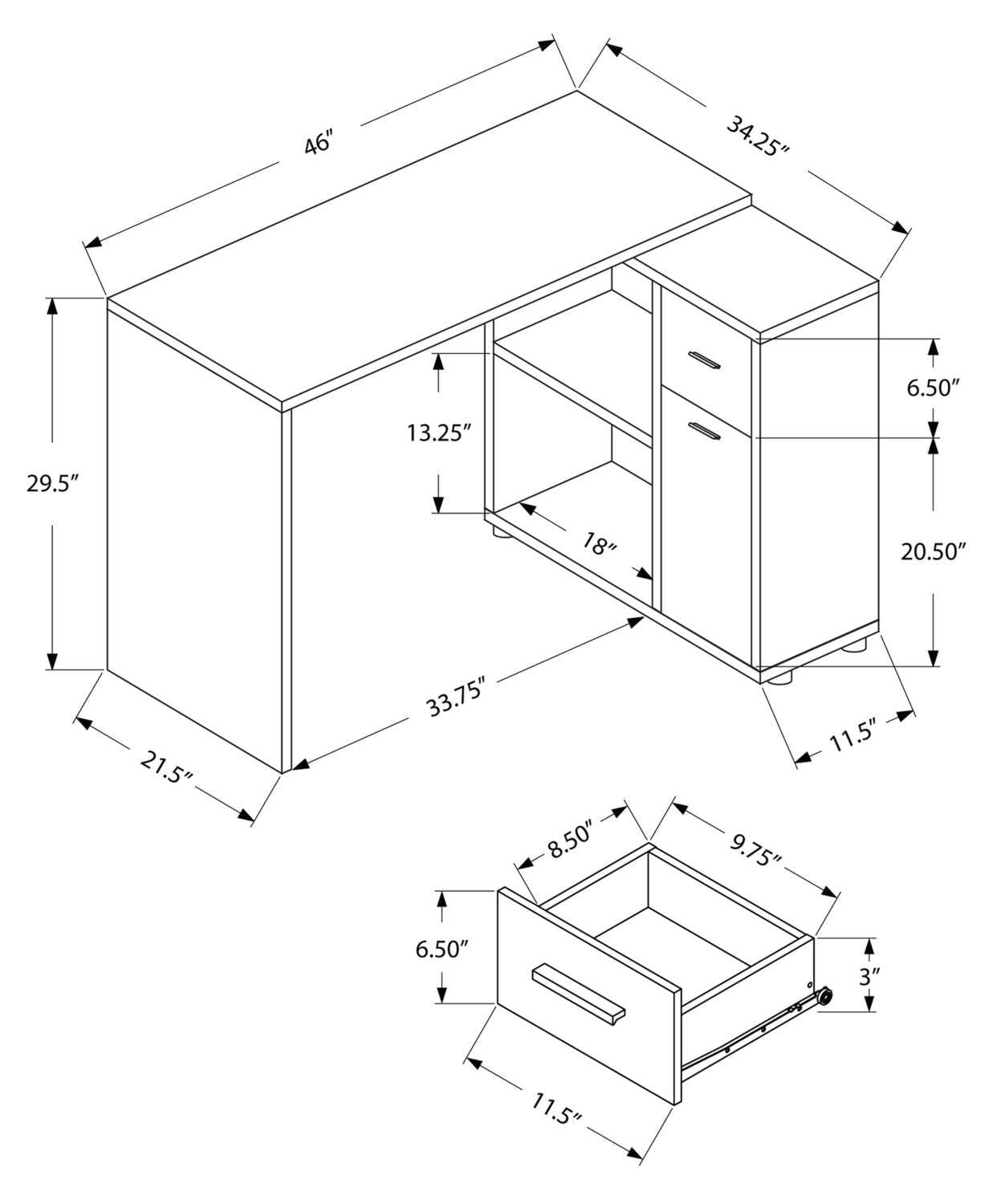 Zoey 46 L-Shaped Office Desk with Cubbies, Drawer & Cabinet - White|Bureau en forme de L Zoey de 46 po avec compartiments, tiroir et armoire - blanc
