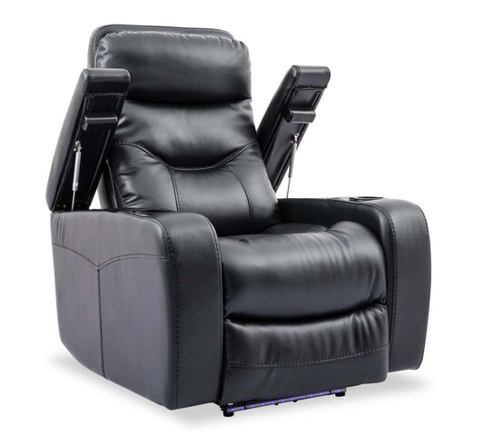 Fauteuil à inclinaison électrique Glow de 33 po en tissu avec accoudoirs de rangement - noir