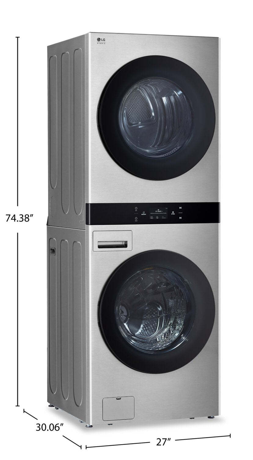 LG Studio 5.8 Washer/7.4 Dryer Cu. Ft. Front-Load High-Efficiency Steam Washtower™ - Nobel Steel - S… | Tour de lavage WashTowerMC à la vapeur haute efficacité LG Studio à chargement frontal avec laveuse …