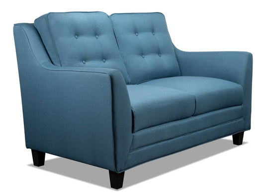 Causeuse Novalee de 57 po en tissu d’apparence lin avec accoudoirs évasés et capitonnage à boutons - bleue