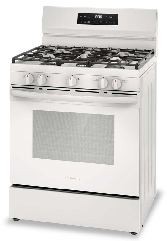 Cuisinière à gaz Frigidaire de 5,1 pi³ avec préchauffage rapide et surface de cuisson à 5 brûleurs - Blanc - FCRG3062AW | Frigidaire 5.1 Cu. Ft. Gas Range With Quick Preheat and Five Burner Cooktop -…