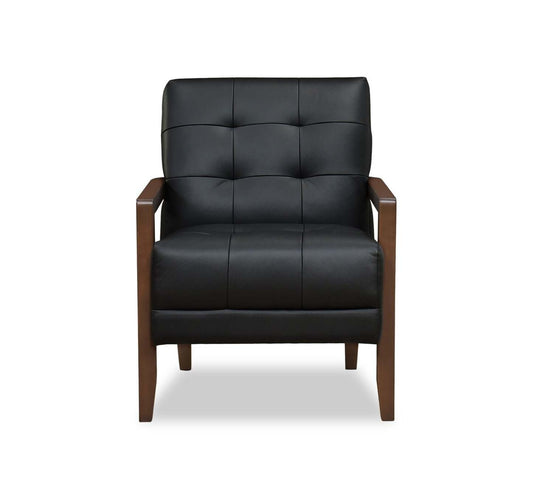 Fauteuil d'appoint Enzo 26 en cuir véritable avec capitonnage en biscuit, accoudoirs sur rail et pieds en bois - Noir | Fauteuil d'appoint Enzo de 26 po en cuir avec capitonnage en véritable biscuit, accoudoirs rectilignes et pattes en bois - noir
