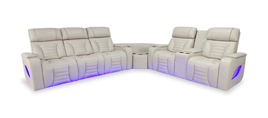 Sofa sectionnel à inclinaison électrique Zen 3 pièces en similicuir avec massage, console rabattable et compartiment réfrigéré - abricot