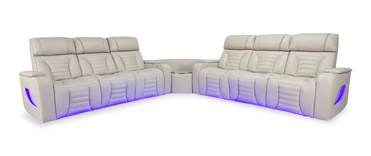 Sofa sectionnel à inclinaison électrique Zen 3 pièces en tissu d’apparence cuir avec massage et 2 consoles rabattables - abricot