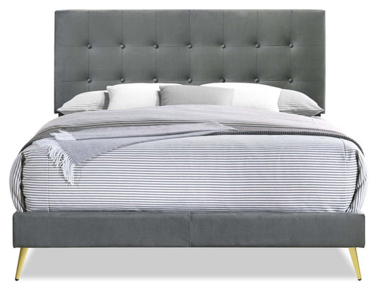 Gabi Upholstered Bed in Charcoal Velvet Fabric with Gold Finish Legs, Button Tufted - King Size | Lit rembourré Gabi en tissu de velours anthracite avec pattes au fini doré et capitonnage à boutons - format très grand lit