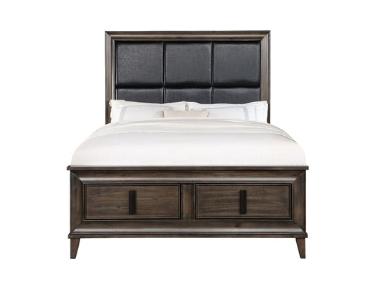 Kane 6 pièces Ensemble de chambre à coucher avec lit de rangement, commode, miroir et table de nuit, cuir végétalien, brun - taille queen