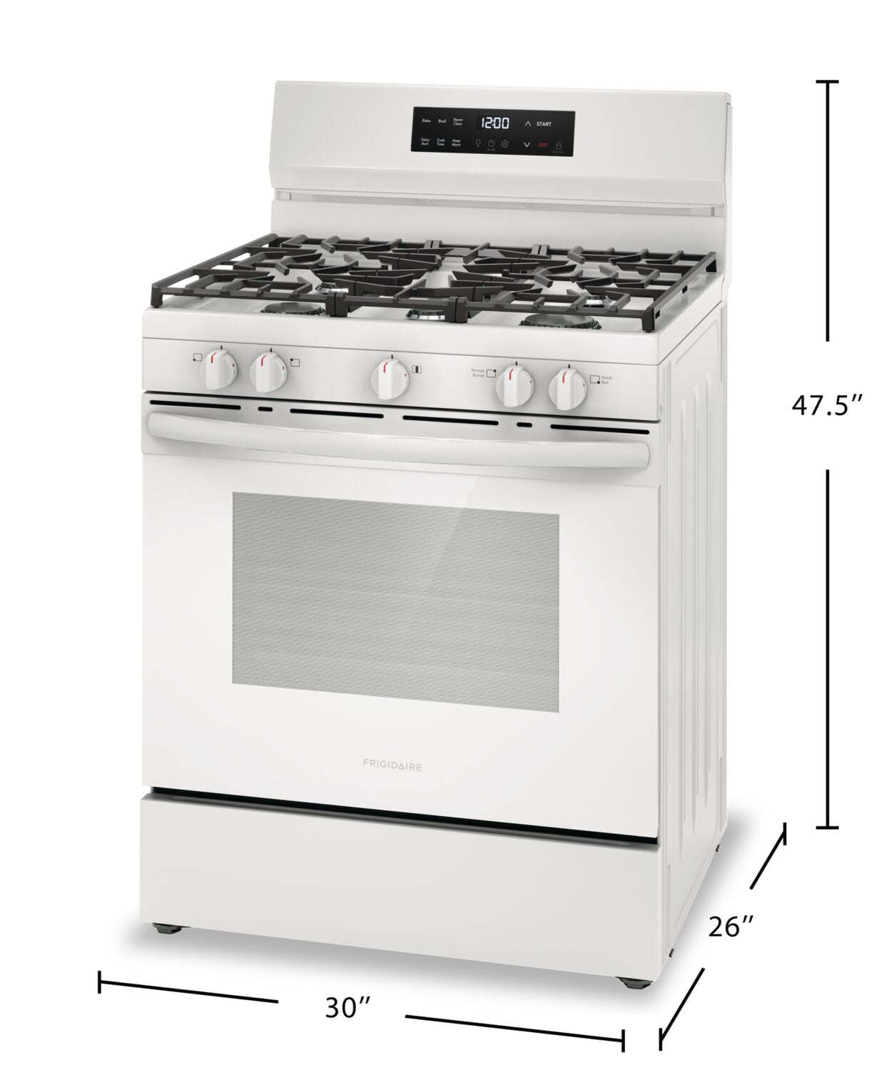 Cuisinière à gaz Frigidaire de 5,1 pi³ avec préchauffage rapide et surface de cuisson à 5 brûleurs - Blanc - FCRG3062AW | Frigidaire 5.1 Cu. Ft. Gas Range With Quick Preheat and Five Burner Cooktop -…