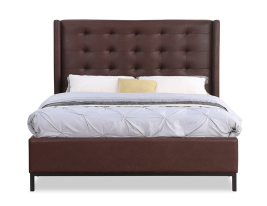 Lit plateforme rembourré Hugo en tissu de cuir végétalien marron, capitonné - Queen Size | Lit plateforme rembourré Hugo en tissu de cuir végétalien brun avec capitonnage - format grand lit