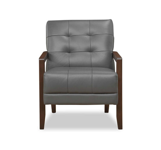Enzo 26 Genuine Leather Accent Chair with Biscuit Tufting, Track Arms and Wood Legs - Dark Grey | Fauteuil d’appoint Enzo de 26 po en cuir véritable avec capitonnage en biscuit, accoudoirs rectilignes et pattes en bois - gris foncé