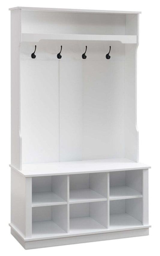 Quinn 39.75 Hall Tree with Shoe Storage - Matte White | Portemanteau Quinn de 39,75 po avec rangement pour chaussures - blanc mat | QUINNHAL