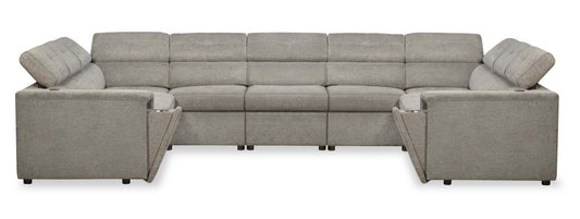 Sofa sectionnel Savvy 5 pièces en tissu d’apparence lin avec appuie-têtes réglables, porte-gobelets et port USB - gris