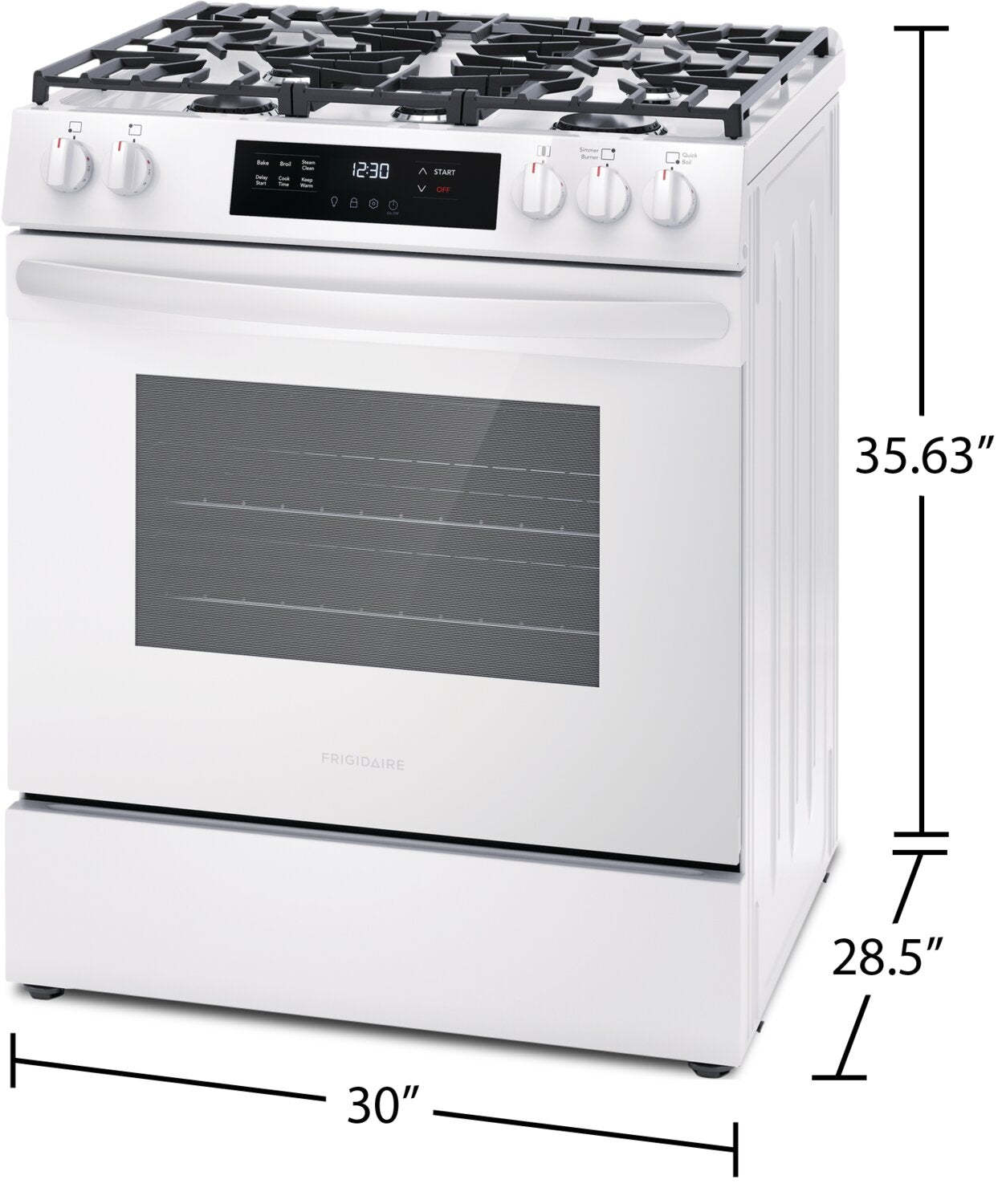 Cuisinière à gaz Frigidaire de 5,1 pi³ avec préchauffage rapide et surface de cuisson à 5 brûleurs - Blanc - FCFG3062AW | Frigidaire 5.1 Cu. Ft. Gas Range With Quick Preheat and Five Burner Cooktop -…