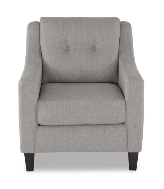 Fabriqué au Canada Cindy Crawford Home Chaise Kylie 32 en tissu d'apparence lin avec capitonnage de boutons - Gris Zeus | Fauteuil Kylie de Cindy Crawford Home de 32 po fabriqué au Canada en tissu d'apparence lin avec capitonnage - gris Zeus