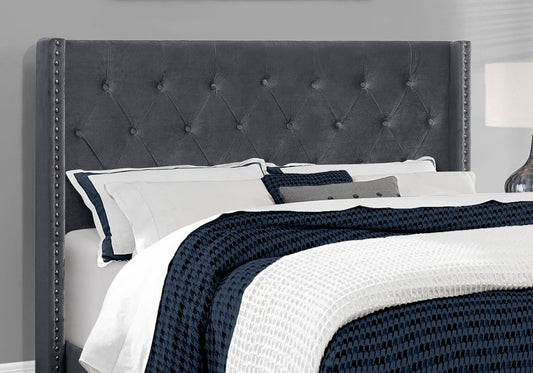 Portia Upholstered Wingback Bed in Dark Grey Velvet Fabric with Nailhead Design, Button Tufted - Queen Size | Lit rembourré à oreilles Portia en tissu gris foncé avec clous décoratifs et capitonnage à boutons - format grand lit