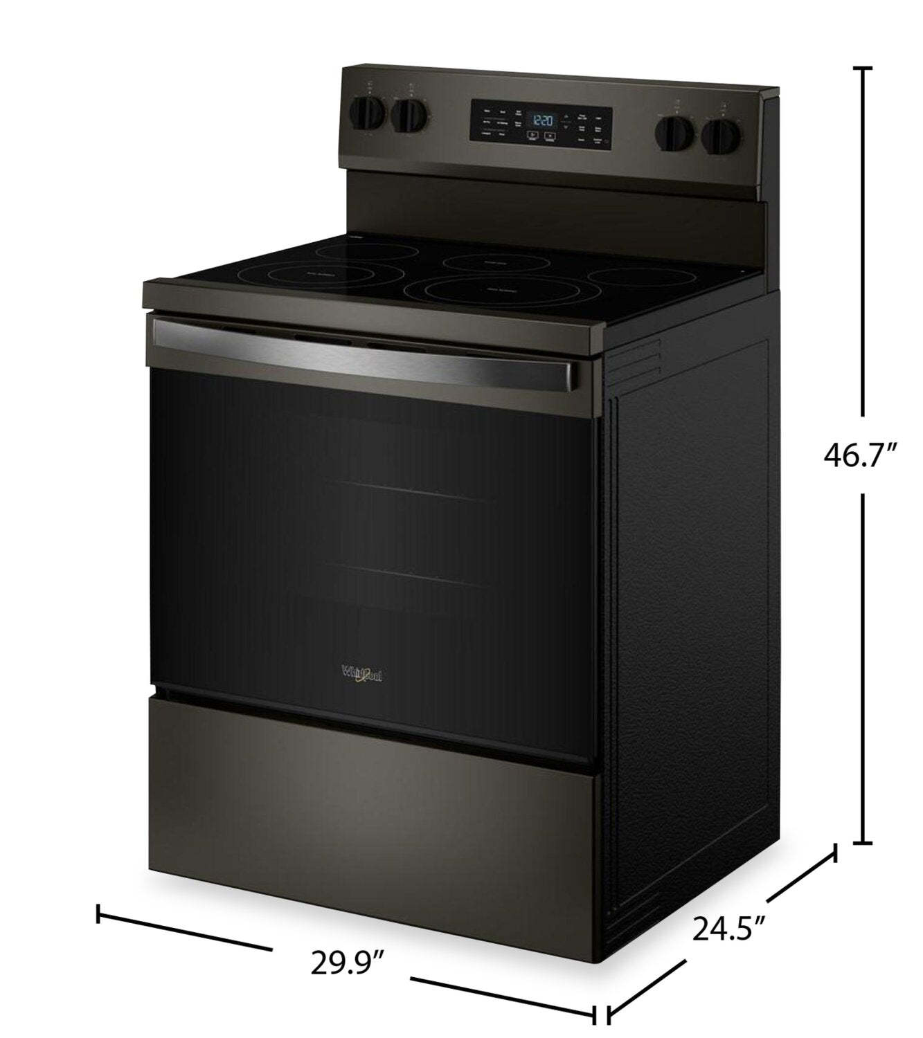 Cuisinière électrique Whirlpool de 5,3 pi3 avec cuisson à air – noir sur acier inoxydable - YWFES5730SV | Bain à remous 5,3 Cu. Fort. Cuisinière électrique avec cuisson à l'air - Noir sur acier inoxydable - YWFES5730SV
