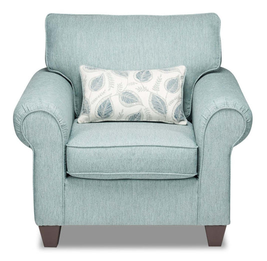Fauteuil Scarlett de 41,5 po fabriqué au Canada en tissu de chenille avec accoudoirs enroulés et coussin décoratif - bleu marine