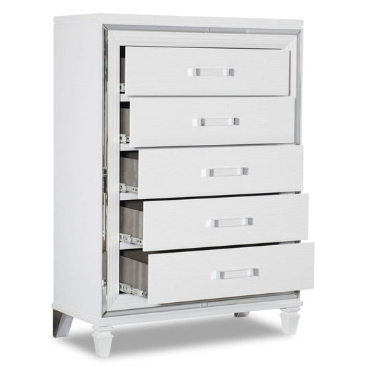 Commode de chambre Max, 5 tiroirs, 38 L x 54,3 H, Glam - Blanc | Commode verticale somptueuse Max de 38 po (L) x 54,3 po (H) à 5 tiroirs pour la chambre à coucher - blanche