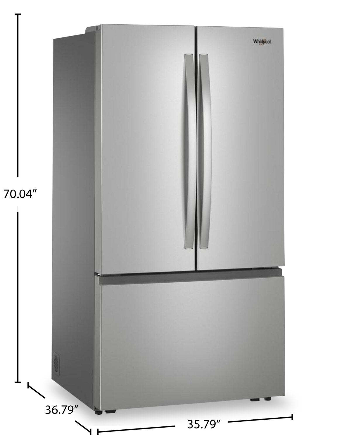 Whirlpool 36 30.5 Cu. Ft. French-Door Refrigerator with Interior Water Dispenser - Stainless Steel - WRFF3336SZ | Réfrigérateur Whirlpool de 36 po et de 30,5 pi³ à portes françaises avec distributeur d’eau - acier inoxydable - WRFF3336SZ | WRFF333Z