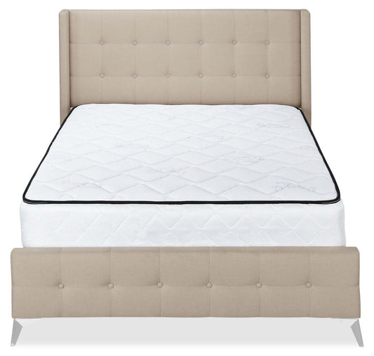 Lit rembourré Zara en tissu d'apparence lin beige - Capitonné à boutons - Taille Queen | Lit rembourré Zara en tissu d'apparence lin beige avec capitonnage à boutons - format grand lit