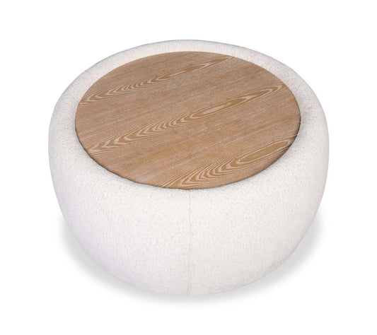 Ottomane cocktail en tissu chenille Rio 36 avec dessus et pieds en bois - Blanc albâtre | Pouf table à café Rio de 36 po en tissu de chenille avec dessus et pattes en bois - blanc albâtre