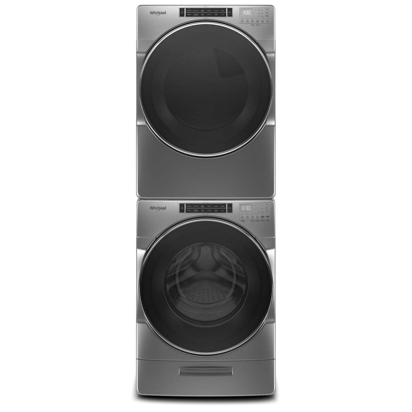 Whirlpool 5.8 Laveuse à chargement frontal et sécheuse à gaz 7,4 pi³ avec vapeur – ombre chrome | WHFL86LG