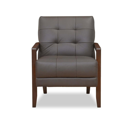 Enzo 26 Genuine Leather Accent Chair with Biscuit Tufting, Track Arms and Wood Legs - Dark Brown | Fauteuil d’appoint Enzo de 26 po en cuir véritable avec capitonnage en biscuit, accoudoirs rectilignes et pattes en bois - brun foncé
