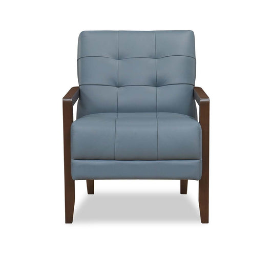 Fauteuil d'appoint Enzo 26 en cuir véritable avec capitonnage en biscuit, accoudoirs sur rail et pieds en bois - Bleu | Fauteuil d'appoint Enzo de 26 po en cuir avec capitonnage en véritable biscuit, accoudoirs rectilignes et pattes en bois - bleu