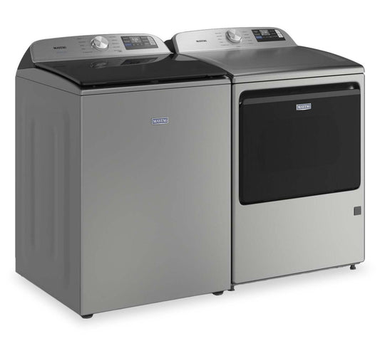 Maytag 6,0 pi³ Laveuse intelligente à chargement par le haut et 7,4 pi³ Sécheuse électrique - Argenté radieux | Maytag 6,0 Cu. Ft. Smart Top-Load Washer and 7.4 Cu. Ft. Electric Dryer - Radiant Silver