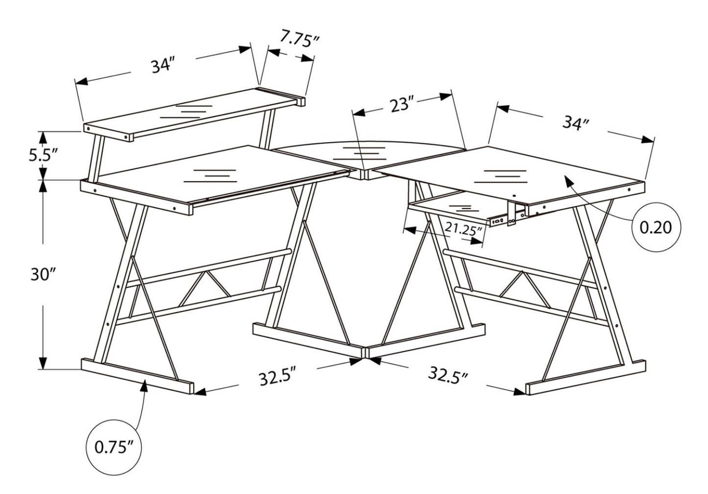 Bureau en forme de L en verre Elias 57 - Cadre noir|Bureau en forme de L Elias de 57 po en verre - armature noire