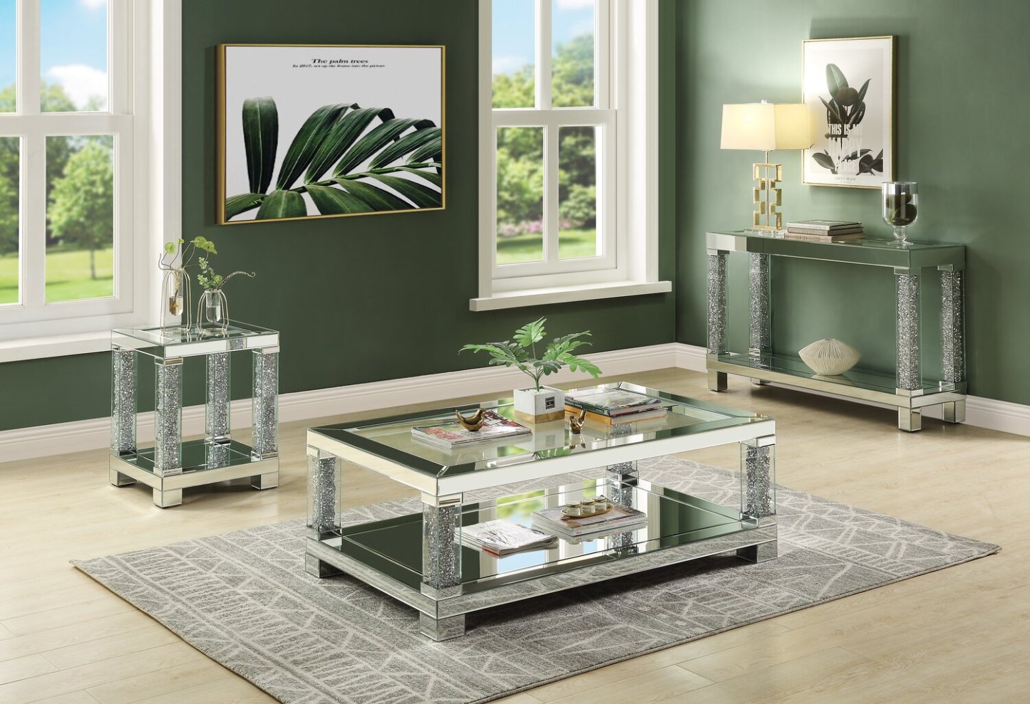 Berni 47.4 Glam Mirror & Glass Top Sofa Table with Shelf - Silver Metal with Diamond Look Legs|Table de salon somptueuse Berni de 47,4 po avec dessus en miroir et en verre et tablette - métal argenté avec pattes à apparence de diamant