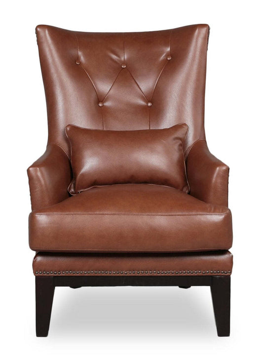 Fauteuil d’appoint Haden de 30 po en cuir véritable avec base en bois et bordure de clous décoratifs - brun pavé Sidekick