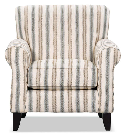Fauteuil d’appoint Wynn de 36 po fabriqué au Canada en tissu d’apparence lin avec accoudoirs enroulés et pattes en bois - rayures multicolores