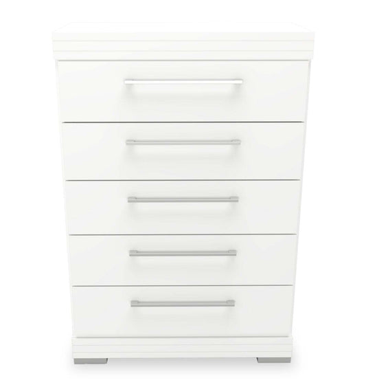 Commode de chambre à coucher Riley, 5 tiroirs, 31 l x 46 h, fabriquée au Canada - Blanc | Commode verticale de chambre à coucher Riley de 31 po (L) x 46 po (H) à 5 tiroirs, fabriquée au Canada - blanche
