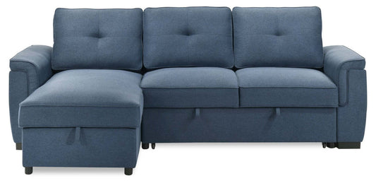 Sofa-lit sectionnel réversible Eden 2 pièces en tissu avec fauteuil long de rangement et coussins de dossier amovibles - bleu