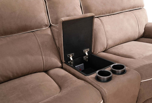 Cindy Crawford Home Canapé sectionnel à inclinaison électrique Newport, 6 pièces orienté vers la droite en faux suède avec port USB - Taupe | Canapé sectionnel inclinable à droite Newport de Cindy Crawford Home 6 pièces en suédine avec port USB - taupe