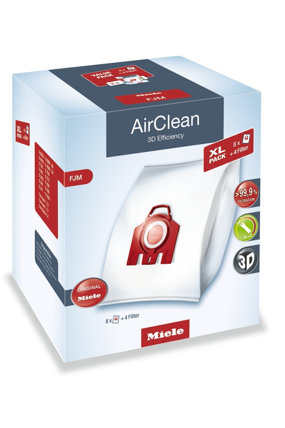 Miele - Sacs à poussière AirClean 3D Efficiency FJM, paquet de 8 - 10455190 | Sacs à poussière AirClean 3D Efficiency FJM de Miele, ensemble de 8 - 10455190 | 10455190