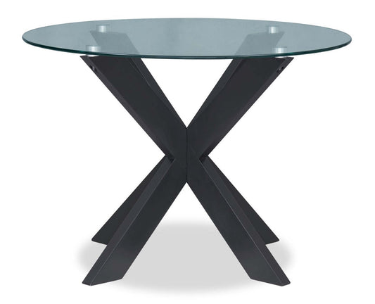 Table de salle à manger Remi avec plateau en verre et base géométrique en bois, 42 W ronde - Noir | Table de salle à manger ronde Remi de 42 po (L) avec dessus en verre et base géométrique en bois - noire