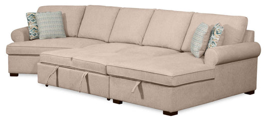 Scott Living Haven 3-Piece Left-Facing Chenille Fabric Cuddler Sleeper Sectional with Storage - Taupe | Canapé-lit sectionnel enveloppant de gauche Haven de Scott Living 3 pièces en tissu de chenille avec rangement - taupe