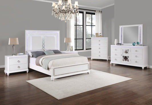 Ensemble de chambre à coucher Ava 5 pièces avec lit, commode et miroir, LED, Glam, blanc - Queen Size | Ensemble de chambre à coucher Ava 5 pièces somptueux avec lit, commode, miroir et éclairage à DEL, b…