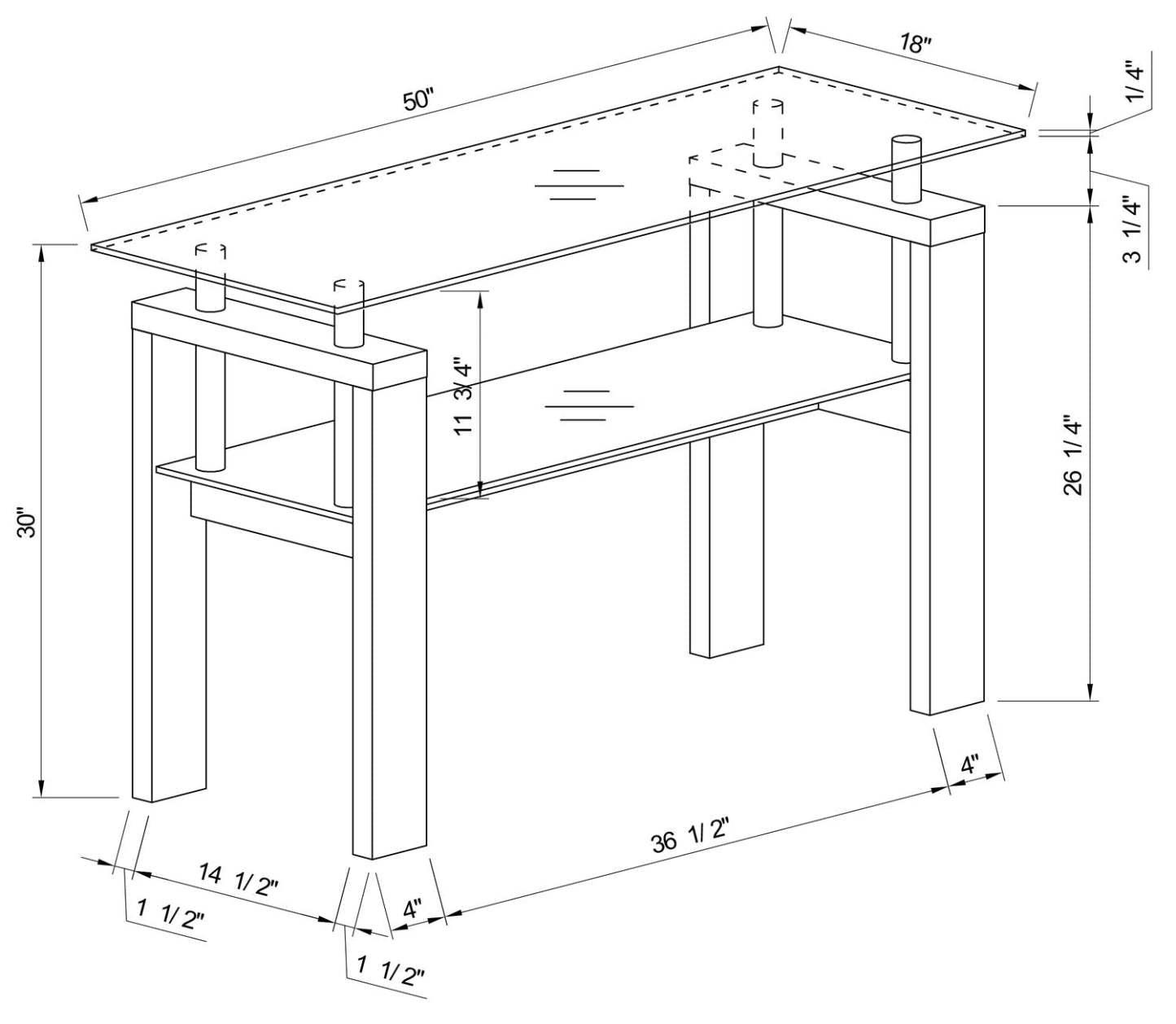 Harvy 50 Modern Glaass Top Sofa Table with Shelf - White |Table de salon moderne Harvy de 50 po avec dessus en verre et tablette - blanche