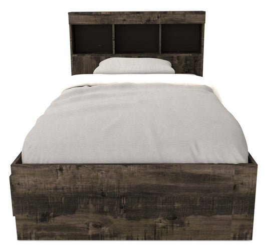 Ensemble de lit Riley Mates avec tête de lit bibliothèque pour enfants, fabriqué au Canada, gris - taille simple | Lit matelot Riley avec ensemble de tête de lit bibliothèque pour enfants, fabriqué au Canada, gris - format lit simple