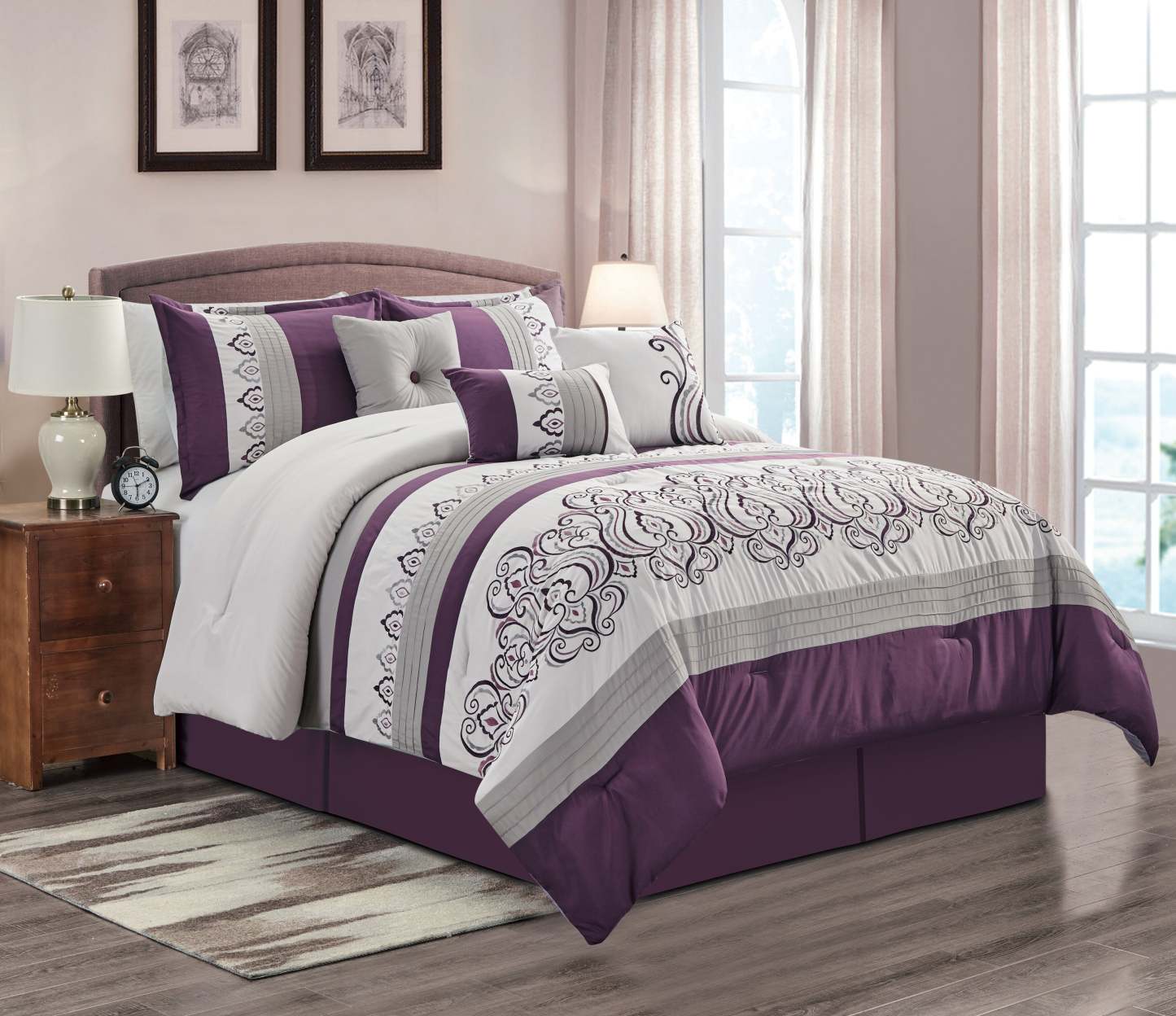 Ensemble d'édredon Venice 7 pièces pour grand lit – Violet et blanc | Ensemble d'édredon Venise 7 pièces pour grand lit - violet et blanc | VENIQUE7QU
