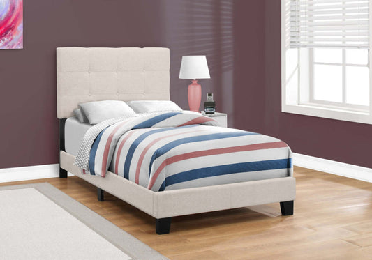 Lit rembourré Tara en tissu d'apparence lin beige, capitonné avec boutons - Taille simple | Lit rembourré Tara en tissu d'apparence lin beige avec capitonnage à boutons - format lit simple