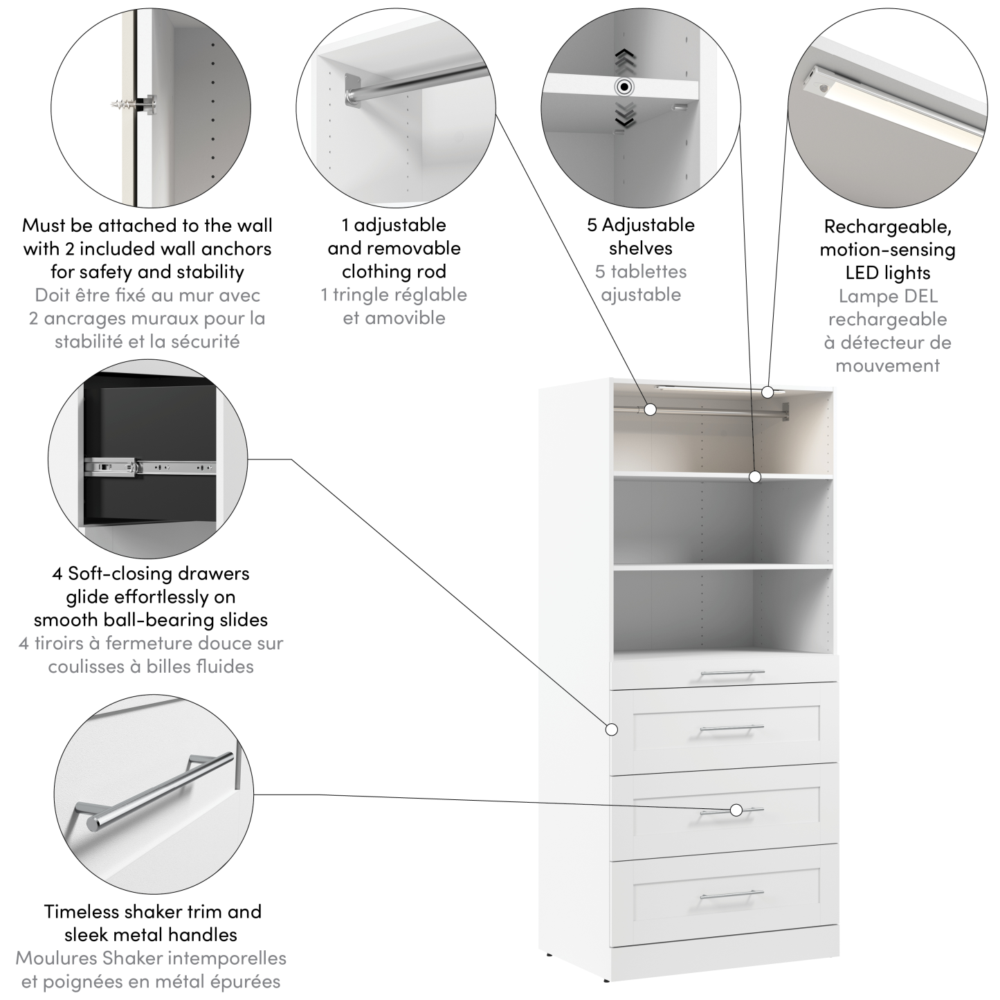 Système de garde-robe et pièce-penderie modulaire Florence de Bestar de 35 po avec éclairage à DEL et rangement - blanc