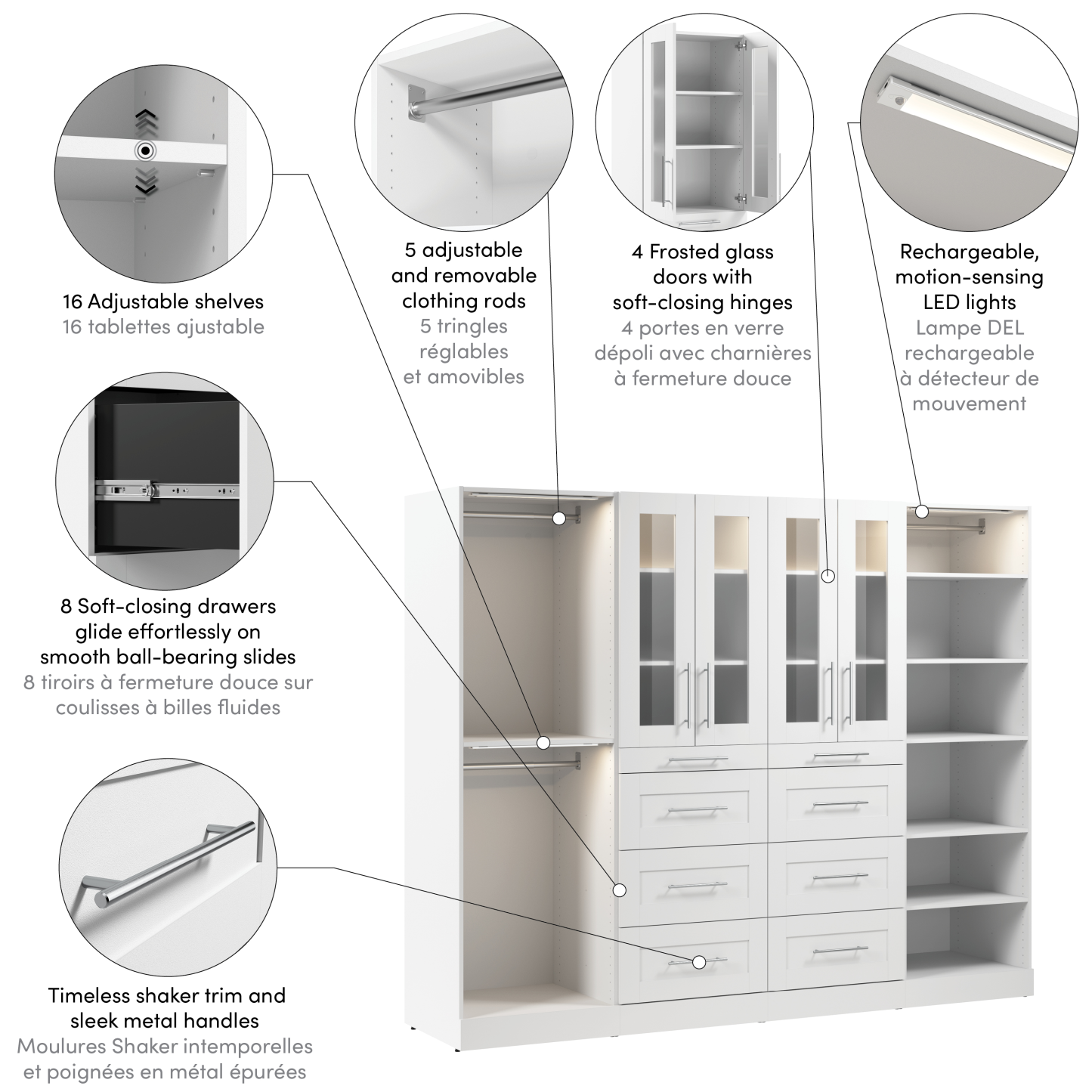 Système de pièce-penderie modulaire Florence de Bestar de 100 po avec éclairages à DEL, tringles, étagères, tiroirs et portes
