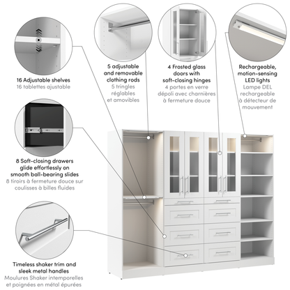 Système de pièce-penderie modulaire Florence de Bestar de 100 po avec éclairages à DEL, tringles, étagères, tiroirs et portes