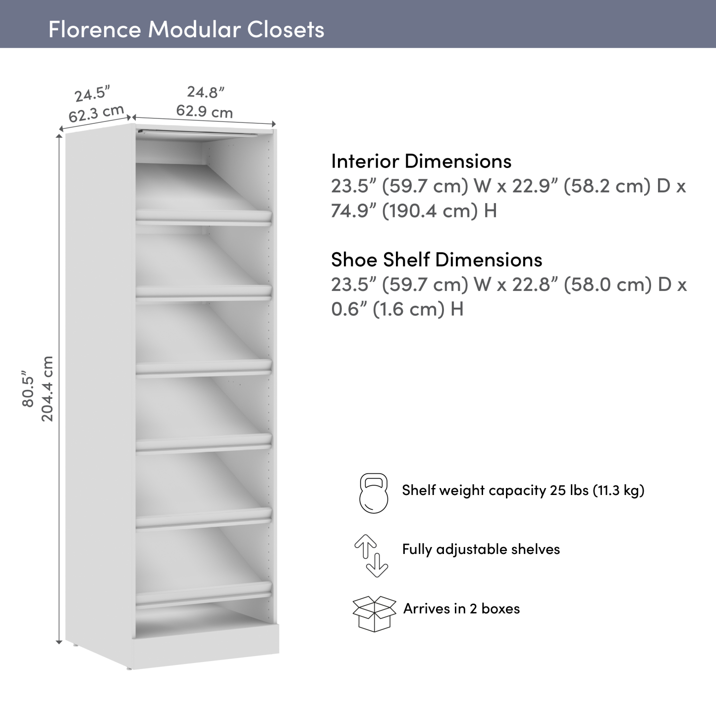 Système de garde-robe modulaire Florence de Bestar de 25 po avec tablette pour chaussures et éclairage à DEL - blanc
