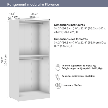 Bestar Florence 35 Système de garde-robe modulaire à 2 espaces pour suspendre avec éclairage à DEL - blanc