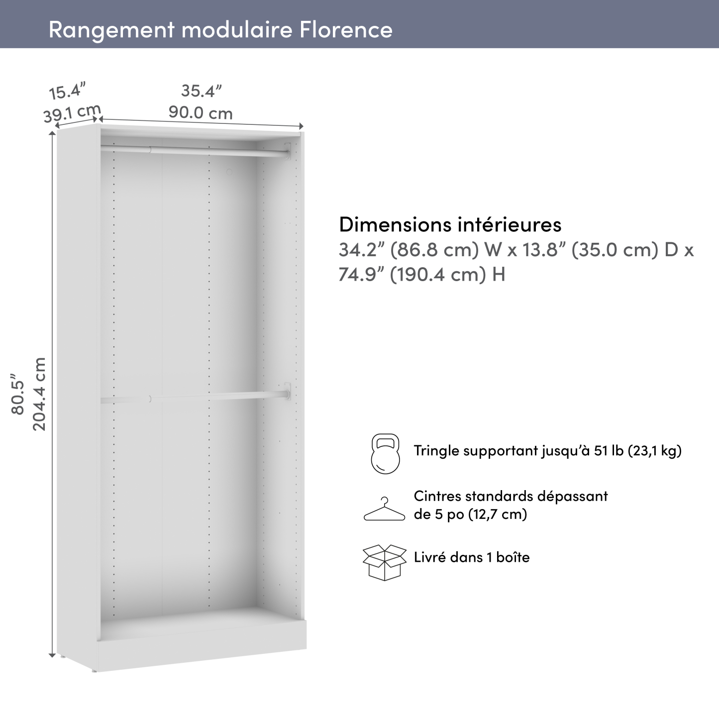 Bestar Florence 35 Modular Double Hanging Closet System - White|Système de garde-robe modulaire à 2 espaces pour suspension Florence de Bestar de 35 po - blanc
